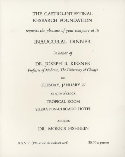 Invitation to the 1963 GIRF inaugural dinner honoring Dr. Joseph B. Kirsner