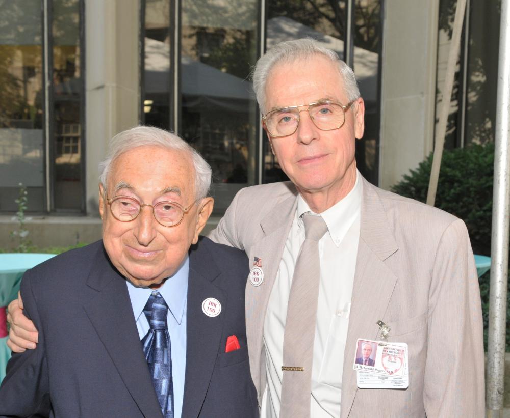 Dr. Joseph B. Kirsner with Dr. Gerald Rogers at his 100th birthday party in 2009.
